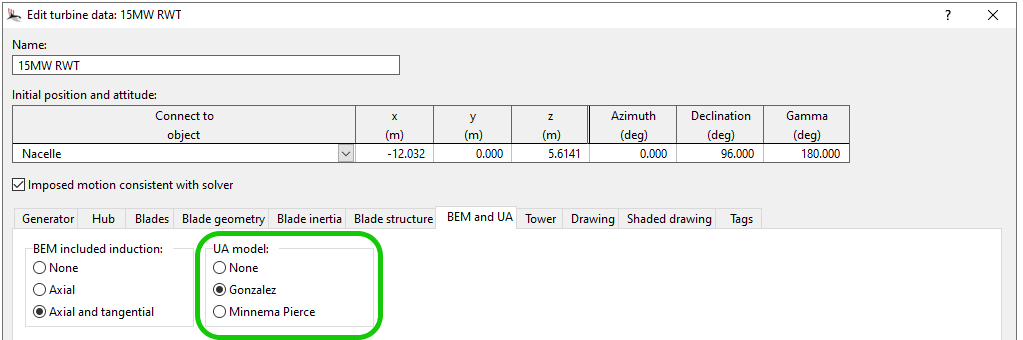 UA model options available on the 'BEM and UA' page of the turbine data form